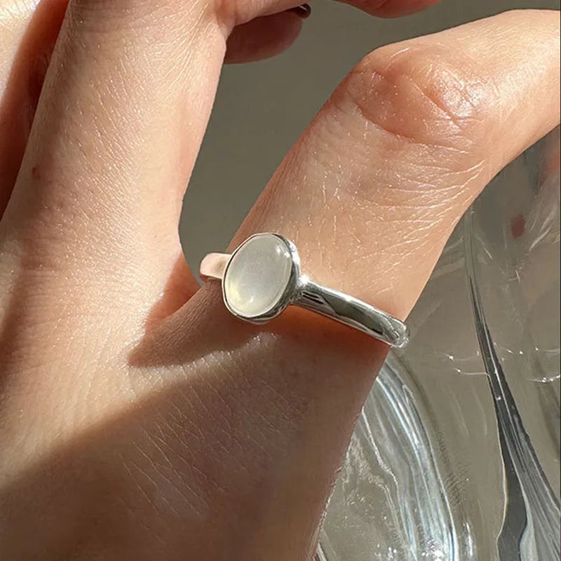 925 Sterling Silver Women's Ring Simple Vintage Adjustable Wide Stone Jewelry