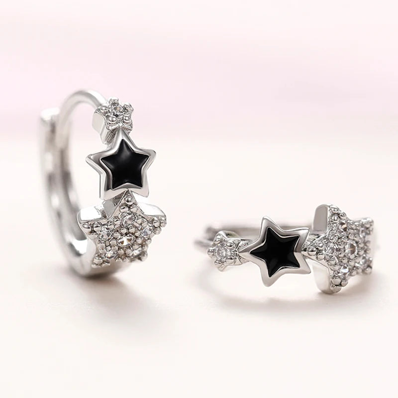 Women Star Hoop Earrings with CZ and Black Enamel - Delicate Circle Jewelry