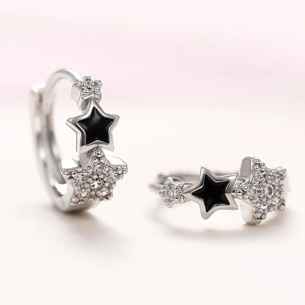 Women Star Hoop Earrings with CZ and Black Enamel - Delicate Circle Jewelry