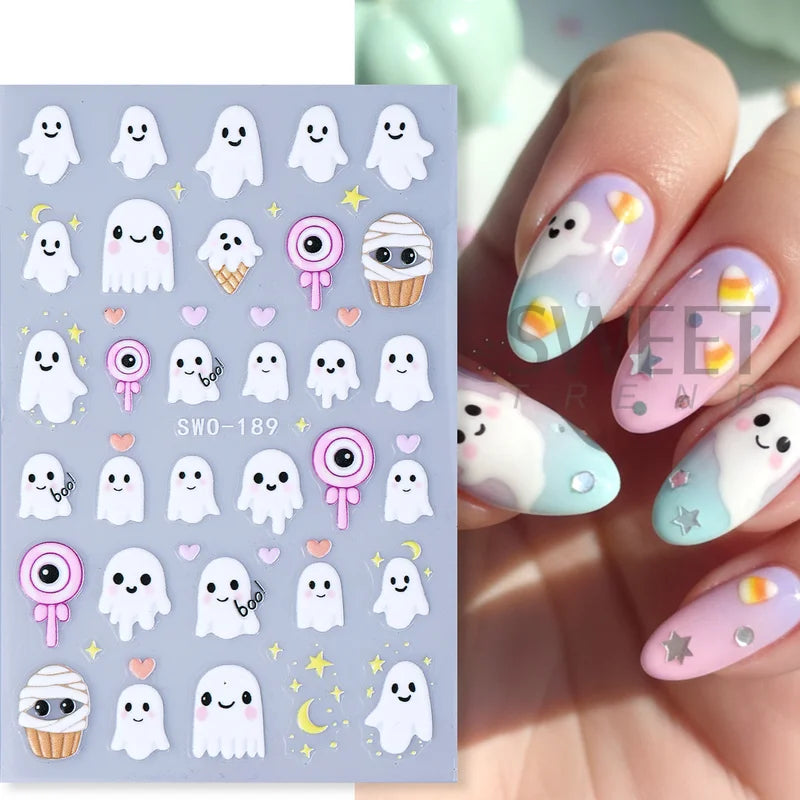Halloween Nail Decals 2 Sheets Adorable Ghosts Pumpkins Spider Web Bat Lollipops