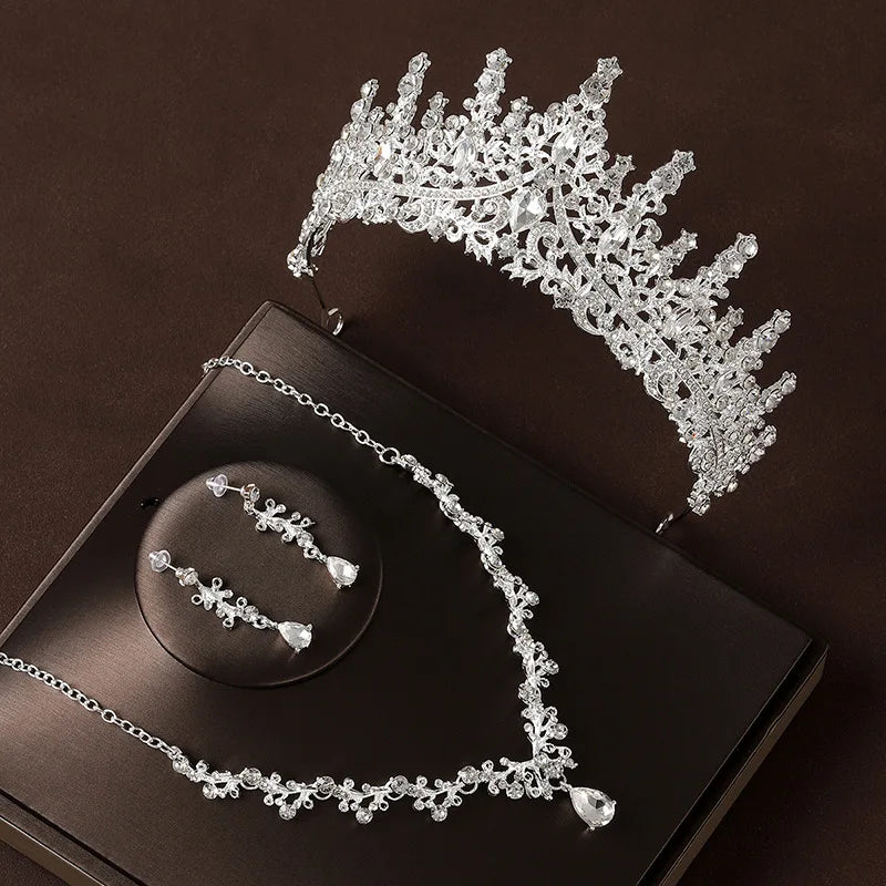 Bridal Wedding Jewelry 4-Piece Set with Crystal Crown Necklace & Earrings - Women's Classic Tiaras