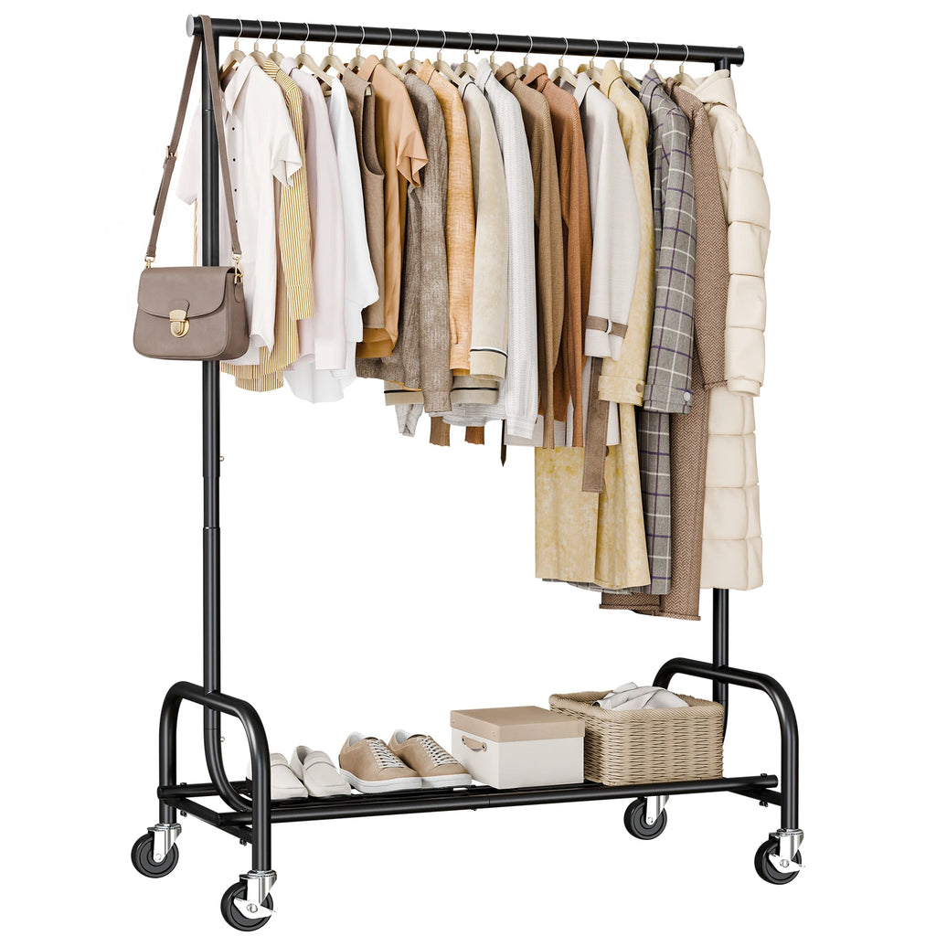 Heavy Duty Clothes Rack with Wheels and Adjustable Top Hanging Rod - Entryway Storage Organizer for Home