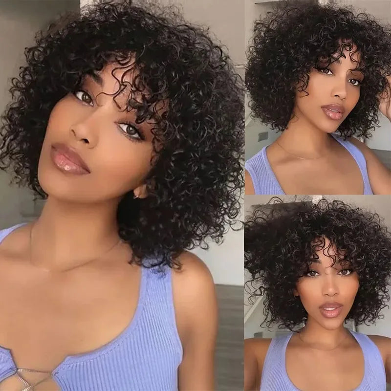 Short Pixie Curly Wig for Black Women - 8 Inch Human Hair Afro Bob with Bangs