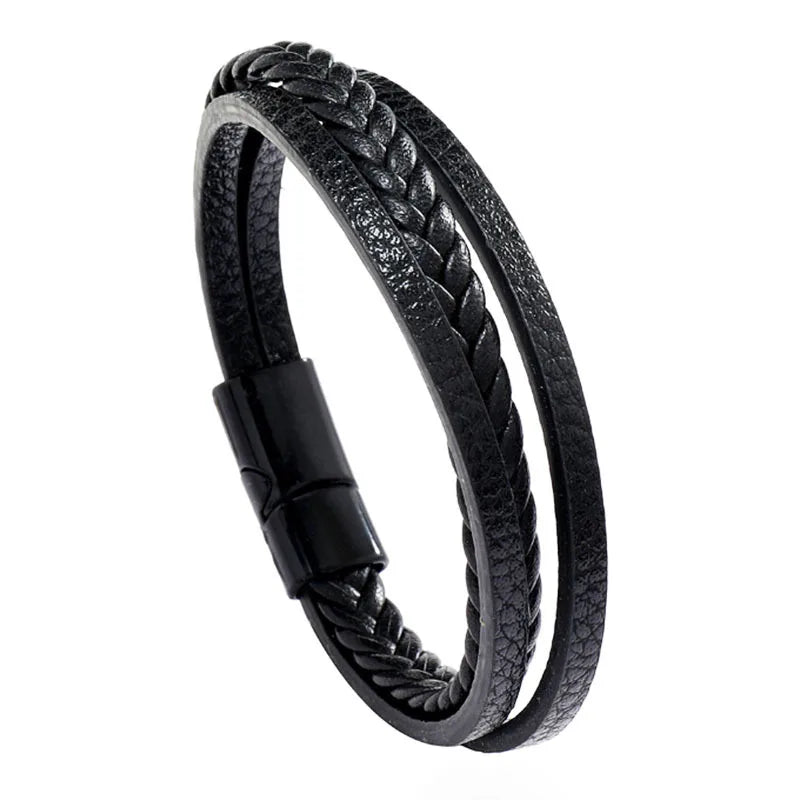 Multi Layer Braided Rope Bracelets for Men - Handmade Leather Wristband with Magnetic Buckle, Trendy Punk Jewelry Gift