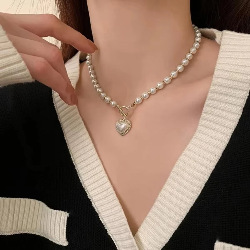 Elegant Pearl Necklace for Women Heart Pendant Imitation Pearls Chain Jewelry
