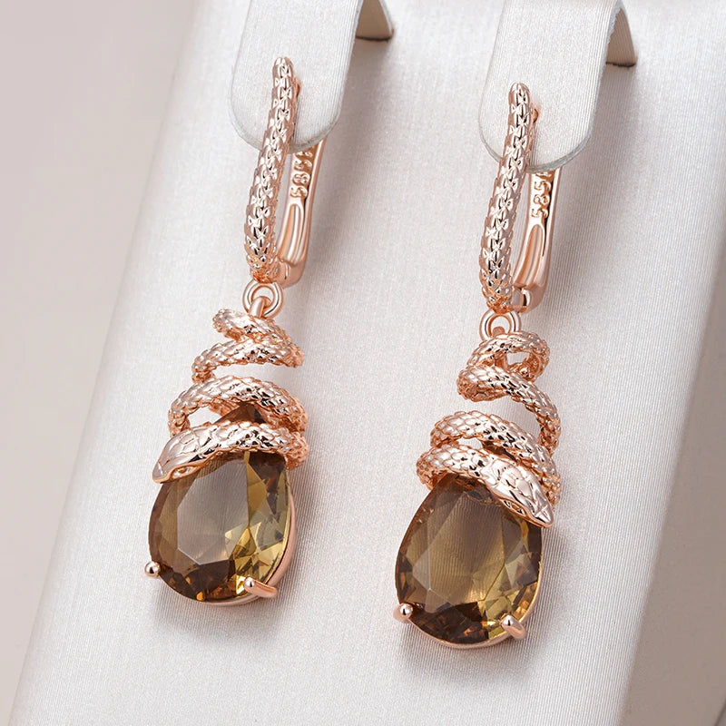 Unique Brown Zircon Snake Dangle Earrings for Women - Rose Gold Plated Jewelry