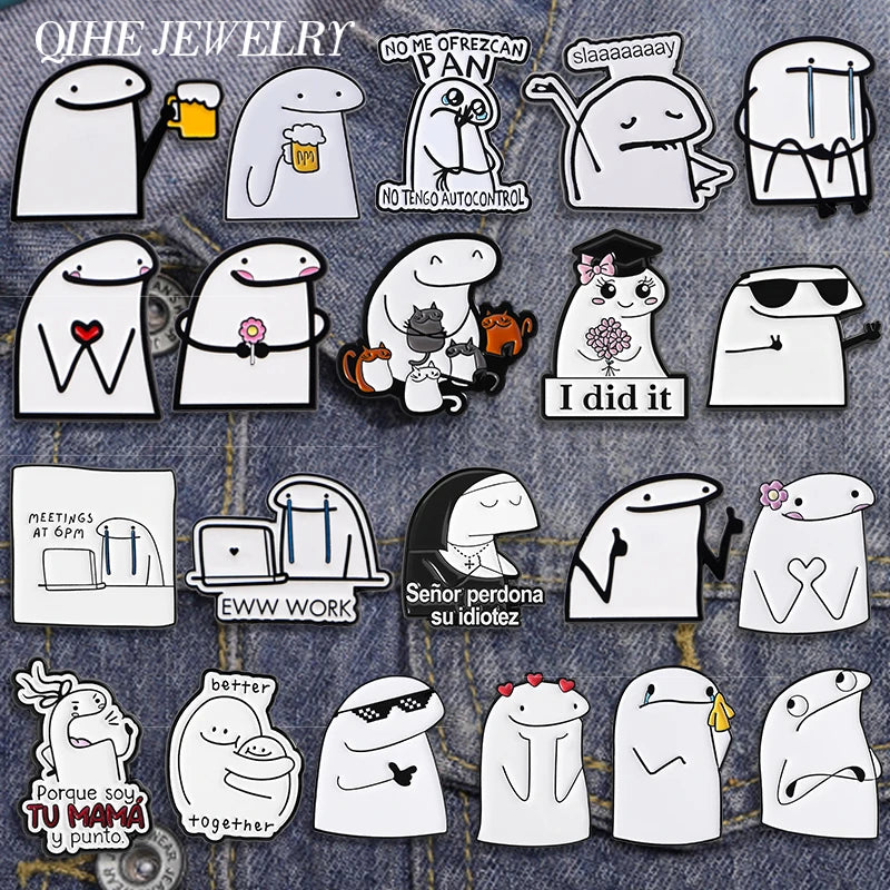 Funny Cartoon Cat and Flork Enamel Pins Set - Cute Brooches for Friends