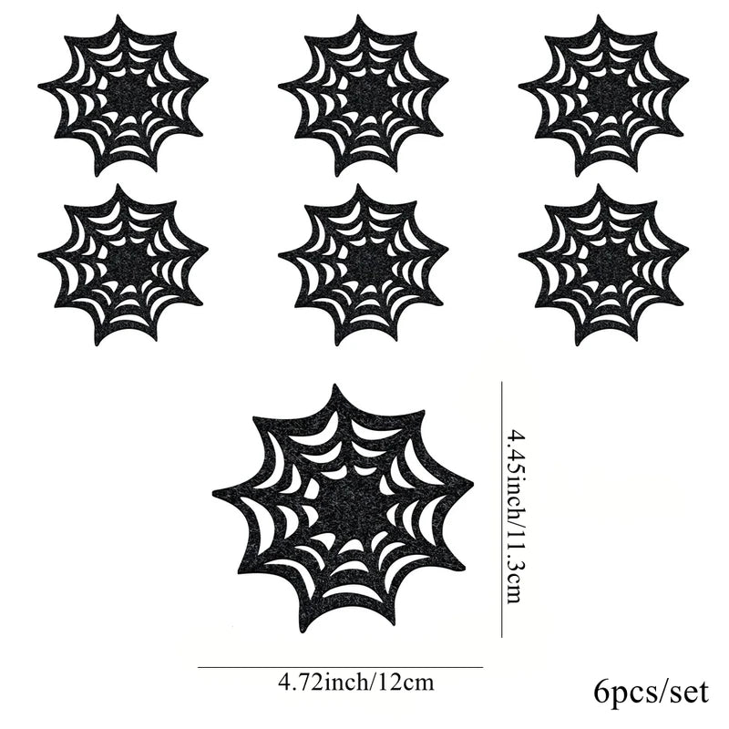 6Pcs Halloween Spider Web Coasters Black Non-Woven Party Decorations