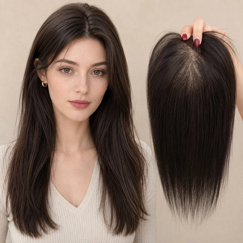Human Hair Topper with Silk Base 9x13cm, Free Part, 4 Clips, Natural Scalp