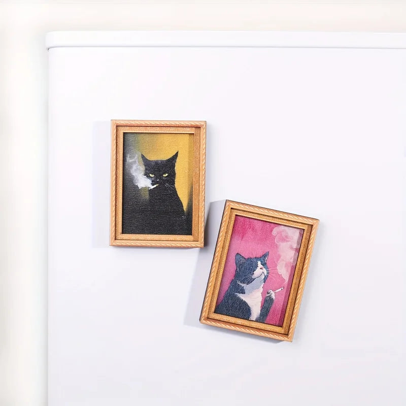Vintage Magnetic Photo Frame - Wooden Cat Art Oil Painting Style Fridge Magnet