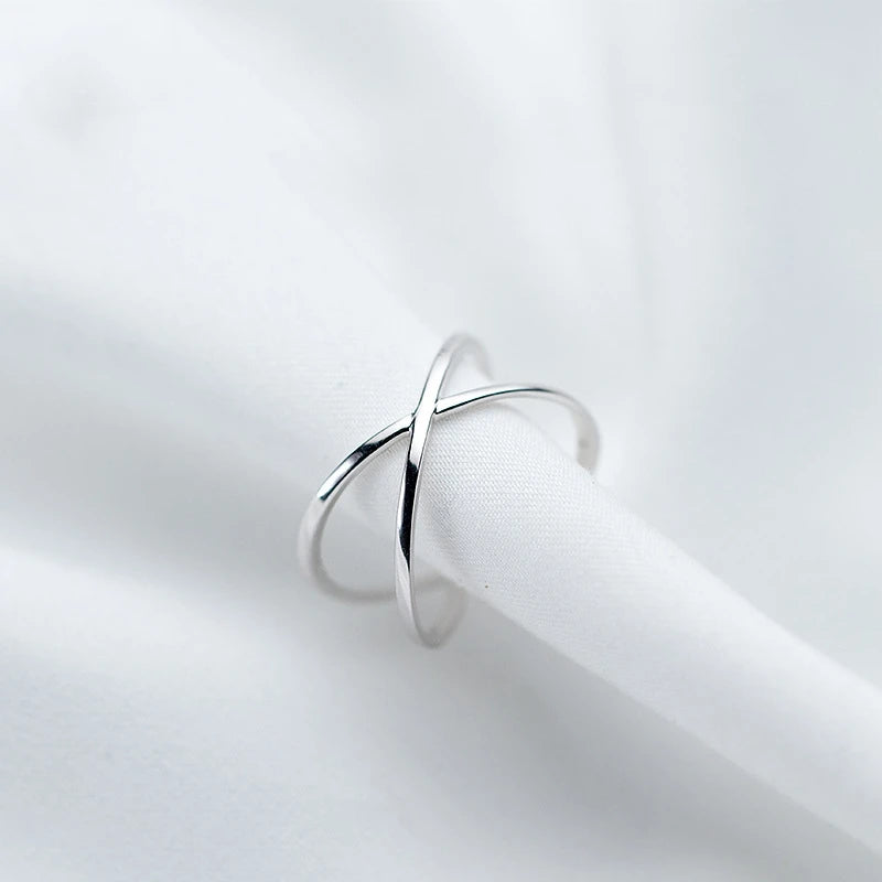 Geometric Sterling Silver Women's Open Ring - Irregular Cross Design Gift