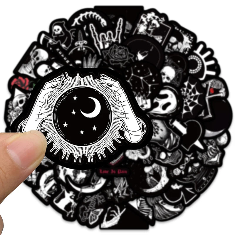 50pcs Black & White Skull Sticker Set Cartoon Graffiti Decals for Phone Laptop Luggage DIY