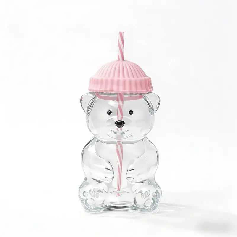 Cute Bear Plastic Drink Cup with Lid and Straw for Cold Beverages