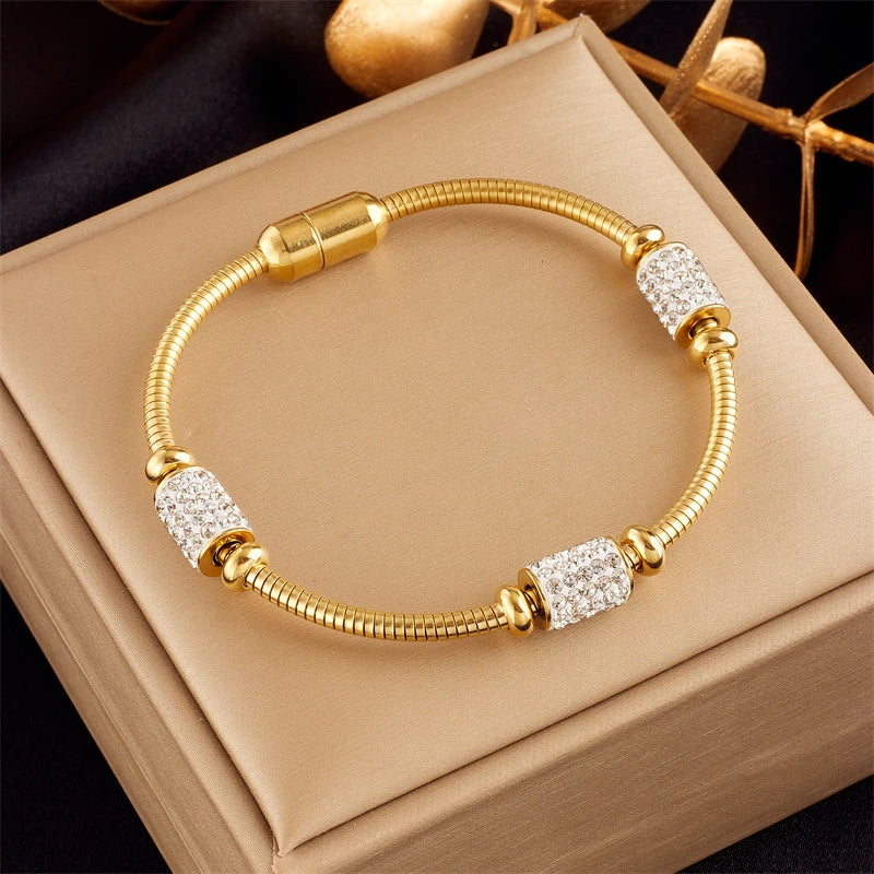 Gold Color Zirconia Beaded Bracelet for Women - Stainless Steel Snake Chain Jewelry
