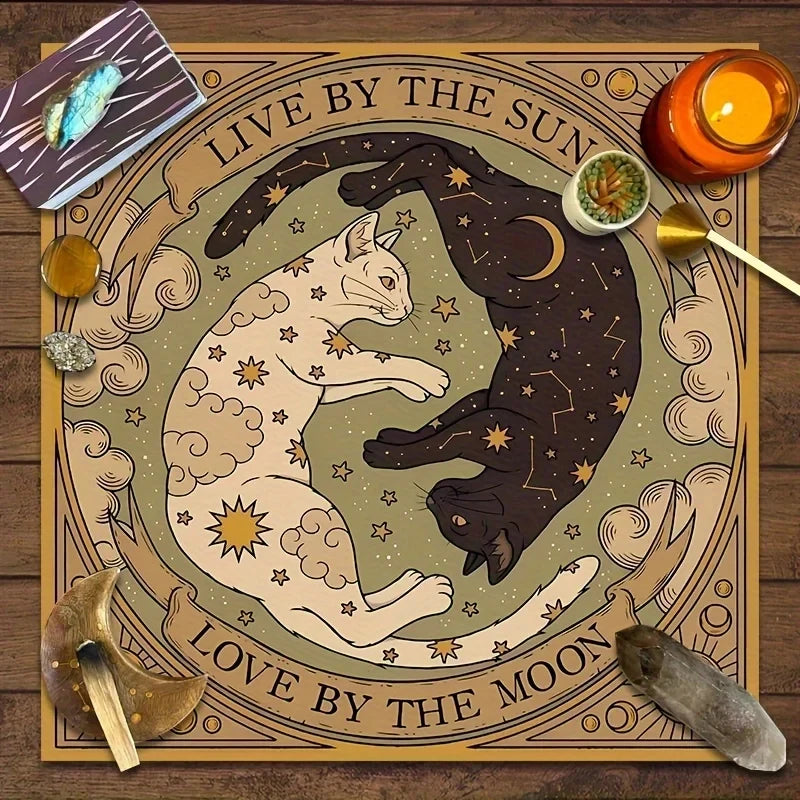 Celestial Sun and Moon Cat Altar Tablecloth with Starry Sky and Tarot Elements — Multiple Sizes
