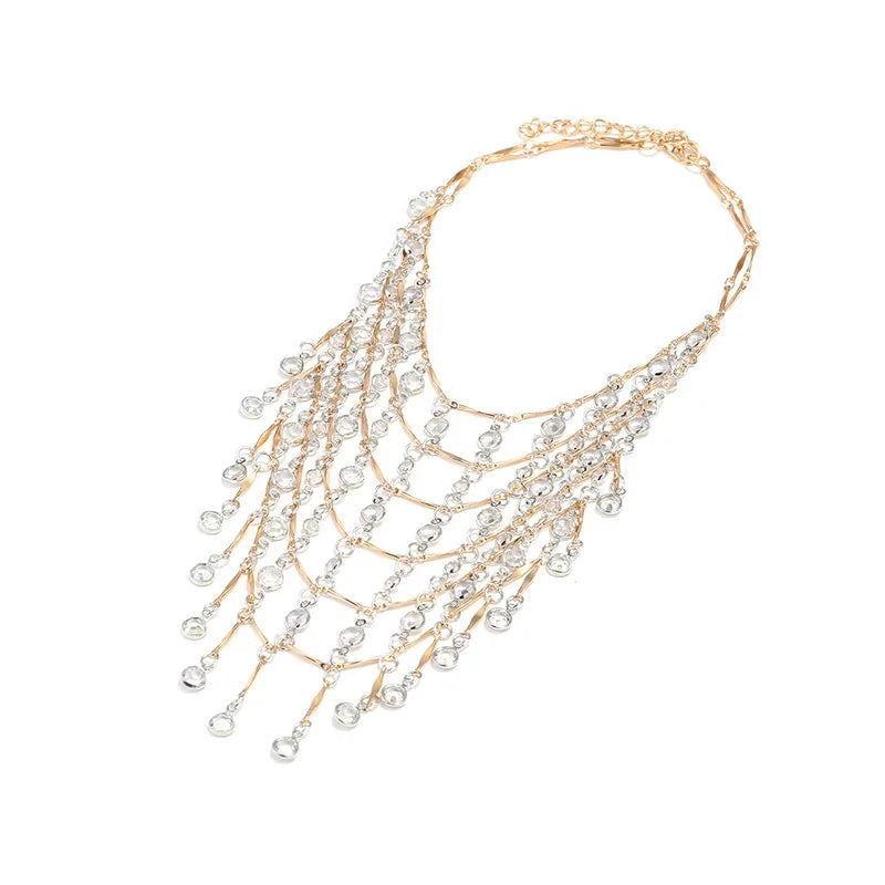 Multilayer Gold Waterfall Crystal Tassel Necklace for Women Bohemian Beach Wedding Party Jewelry Gift