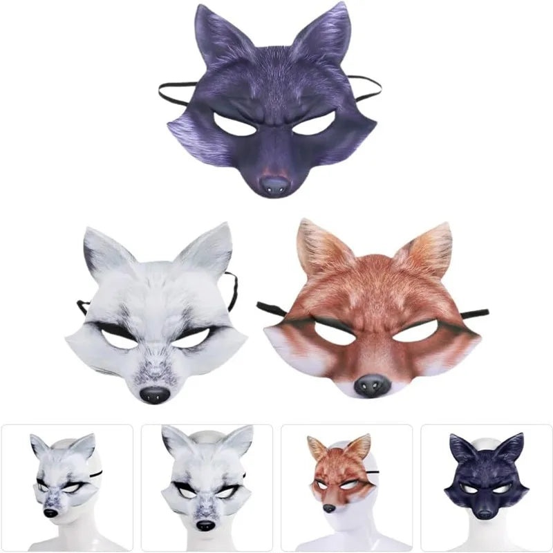 Half Face Halloween Animal Masks Set - Fox & Wolf Costume Masks, Multiple Colors