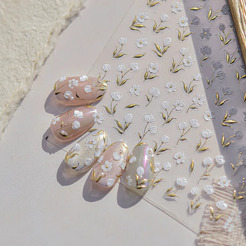 Gold Leaf Flower Bouquet Nail Art Stickers - 5D Self-Adhesive Manicure Decals