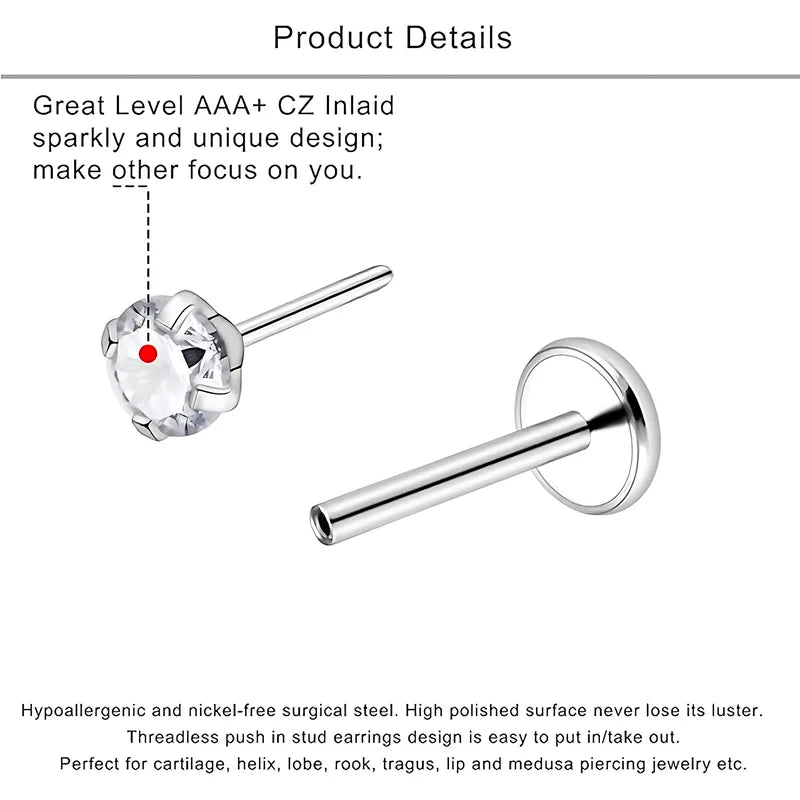 16-Piece Surgical Steel Threadless Jewelry Set for Ear Lip Nostrils - 3mm Crystal Opal