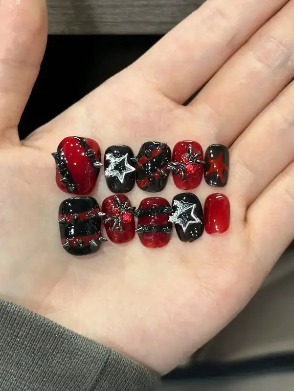 10-Piece Fake Nail Set for Dark Punk Y2K Style - Short Square, Multi Color