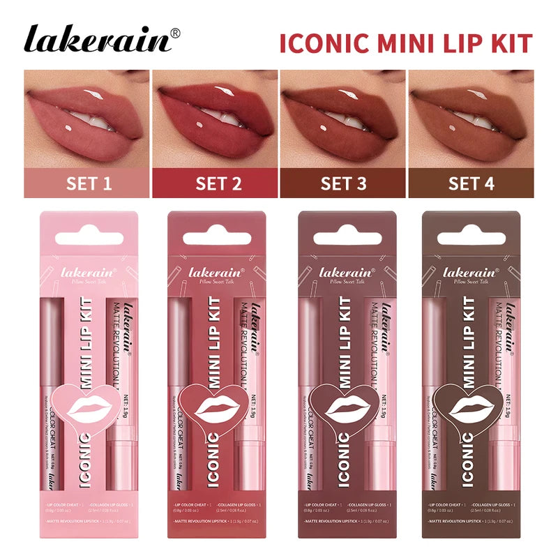 3-Piece Lip Makeup Set with Lip Liner Lip Gloss and Lipstick - Long-Lasting Hydrating Travel Mini Kit