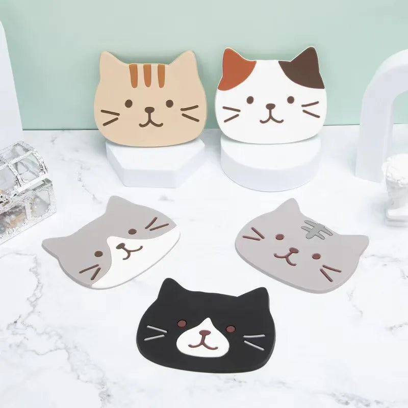 Cat Silicone Coaster Set - Waterproof & Heat Resistant Table Mats - 5 Pieces