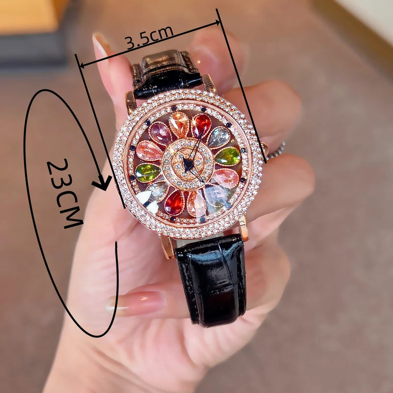 Women's Quartz Watch with Colorful Rhinestone Inlay and Rotatable Dial