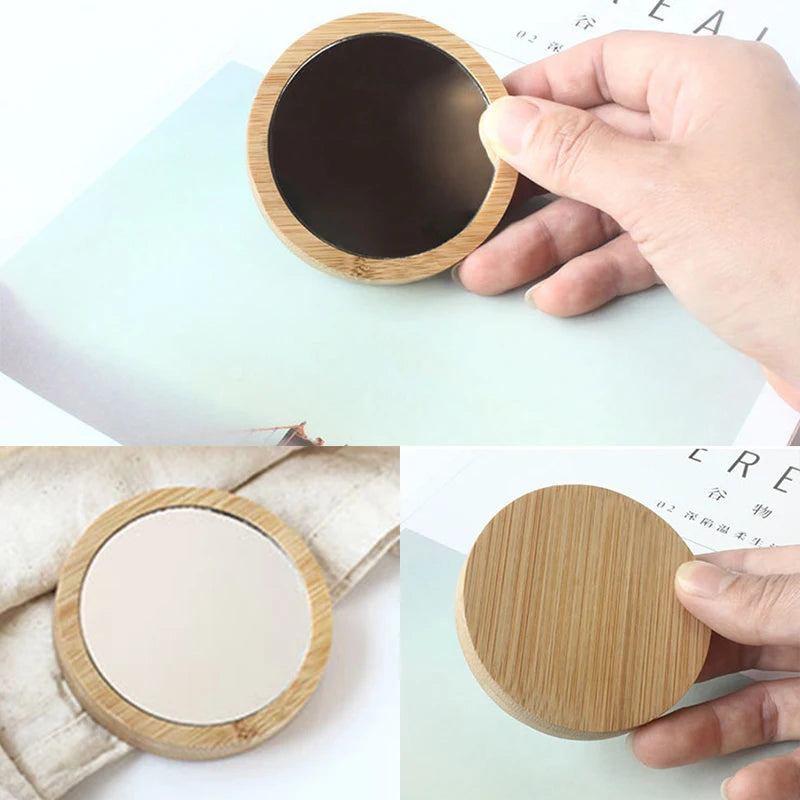 Mini Wooden Makeup Mirror Set - Portable Round Cosmetic Reflectors for Women