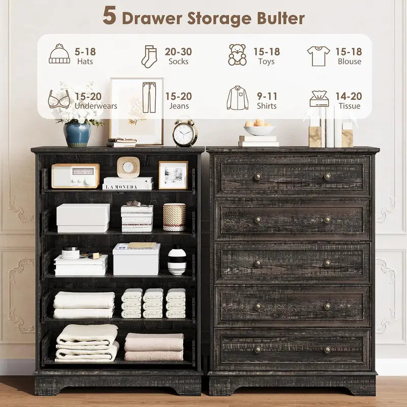 Farmhouse 5-Drawer Dresser Tall Cabinet for Bedroom Living Room Hallway Storage
