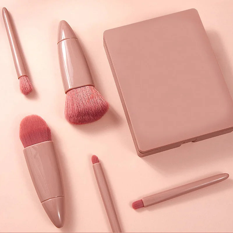 Foldable Makeup Brush Set with Mirror - Portable Travel Kit, 5-Piece Professional Cosmetic Brushes