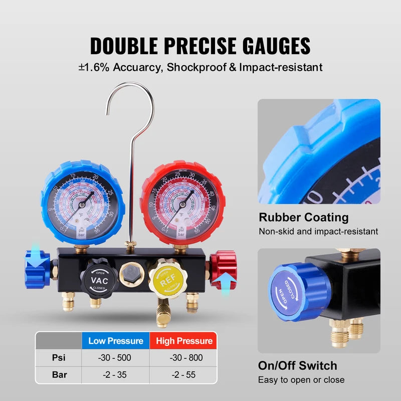 4-Way AC Manifold Gauge Set with 5ft Hoses for R134A R22 R12 R410A Refrigerant Charging