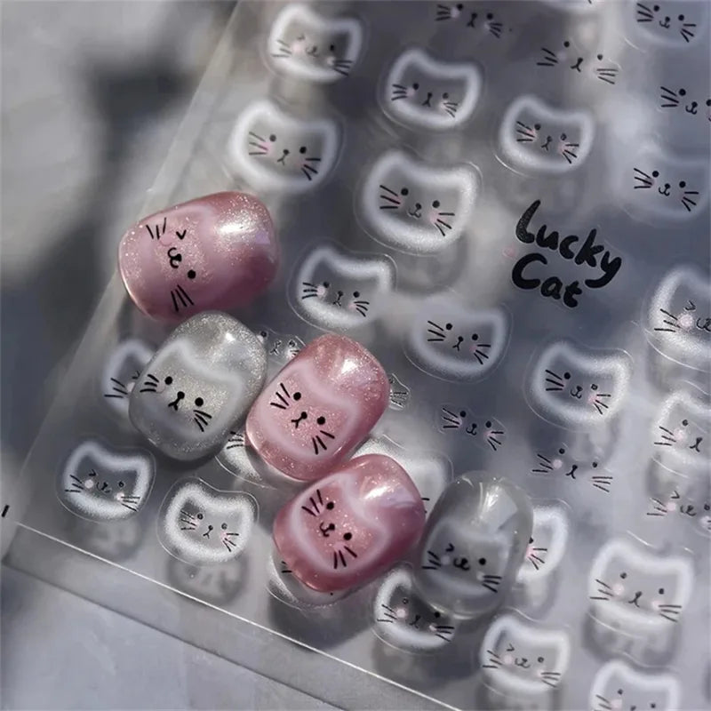 Cat Face Nail Art Stickers - Embossed Relief Manicure Decals for Creative Nails