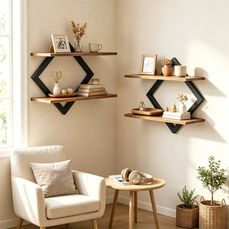 2-Tier Wall Mounted Storage Shelves - Rustic Wood & Metal Design for Living Room & Kitchen
