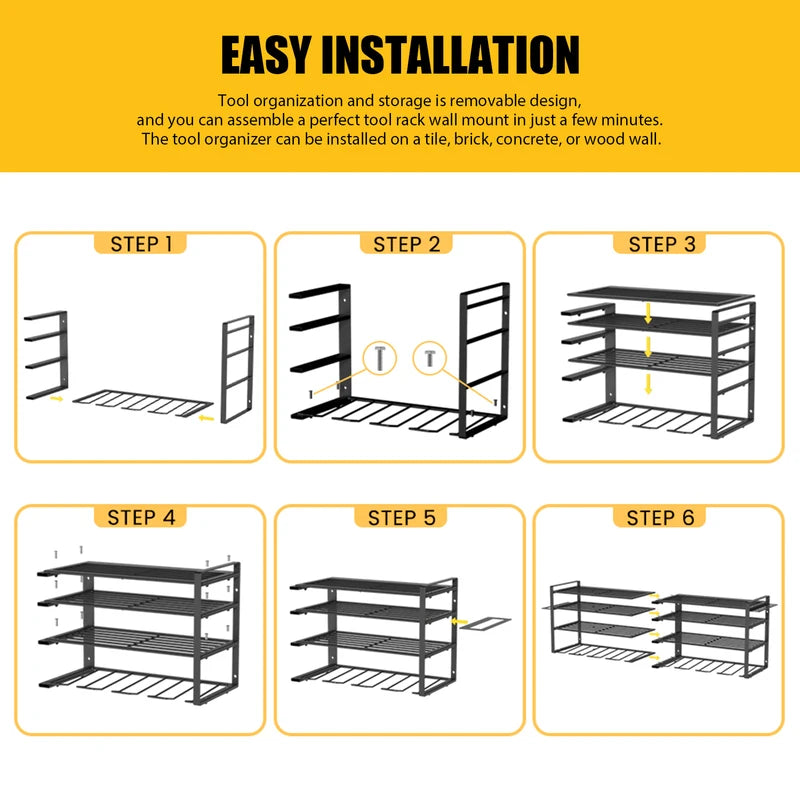 Heavy Duty Wall Mount Power Tool Storage Rack with 4 Layers and 8 Drill Holders
