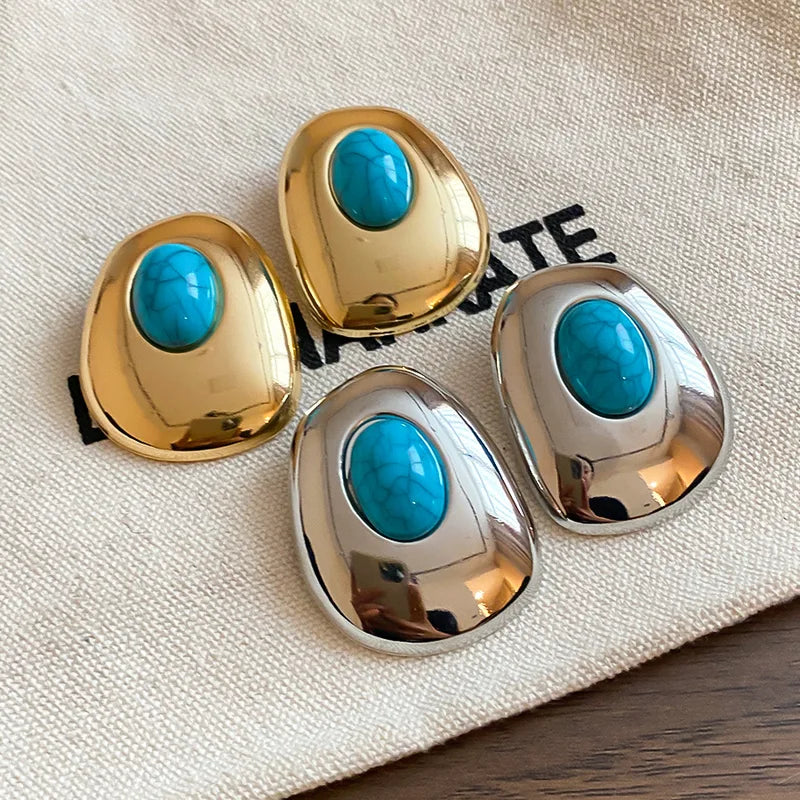 Oversized Turquoise Ear Studs - Gold Color Oval Earrings for Women