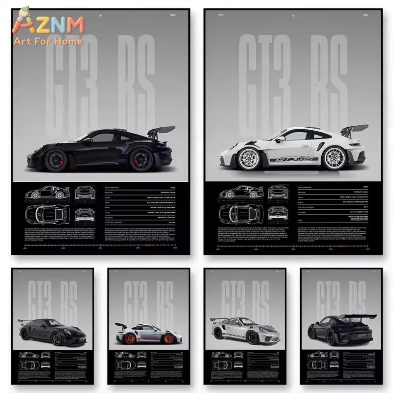Minimalist Sports Car Wall Art Canvas Print - 911 GT3 RS & 718 GT4 RS Poster