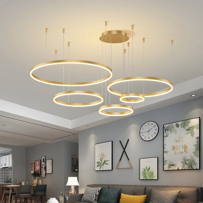 Modern LED Ceiling Chandelier with Adjustable Brightness & Color - Circular Ring Indoor Lighting
