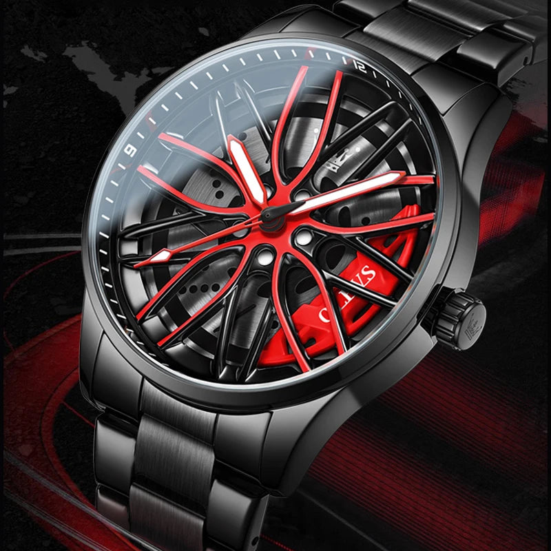 Men's Quartz Watch with Luminous Dial Waterproof Stainless Steel Rotatable Wheel Hub