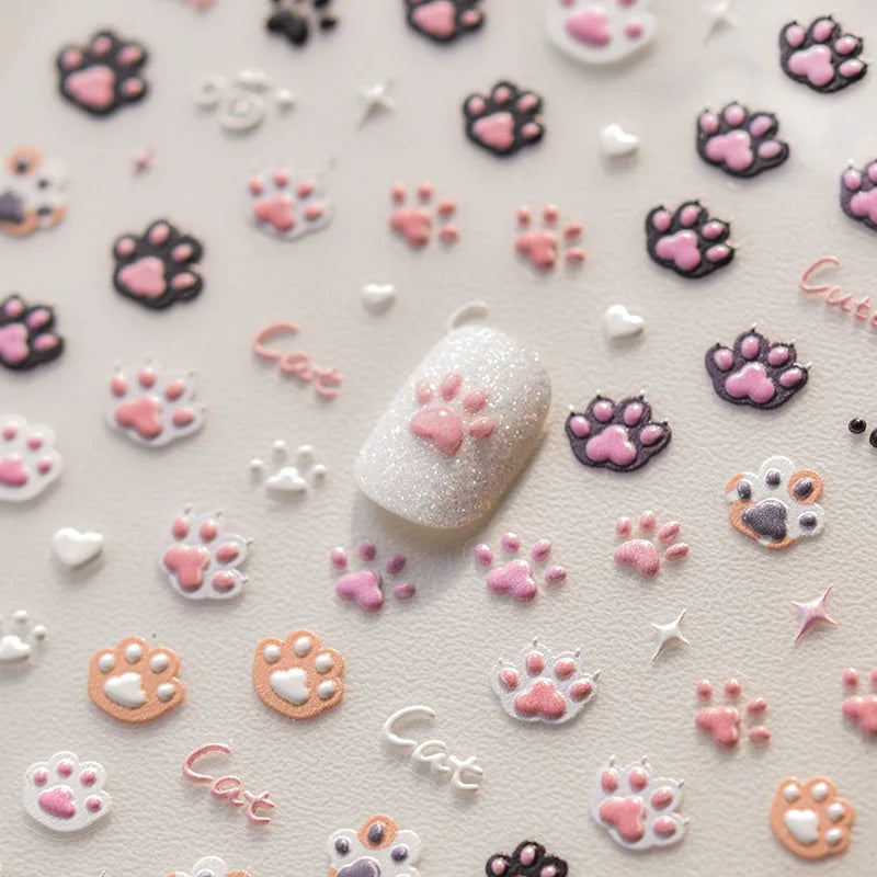 Cute Cat Nail Stickers - 3D Embossed Jelly Pink & Cartoon Paw Designs