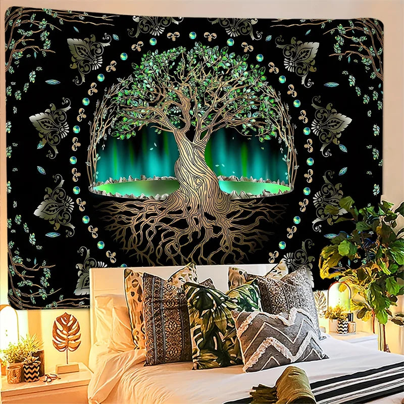 Tree of Life Tapestry Wall Hanging with Sun Moon Stars Galaxy Design - Psychedelic Bedroom Decor
