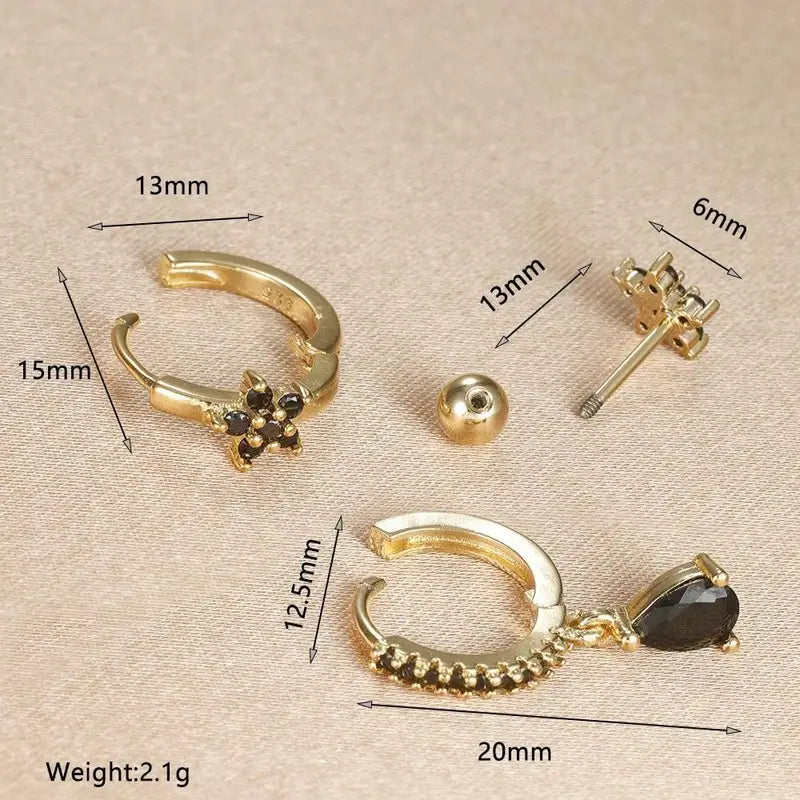 3PCS Stainless Steel Hoop Earrings Set for Women with Crystal Zircon Flowers Water Drop Design - Wedding Jewelry