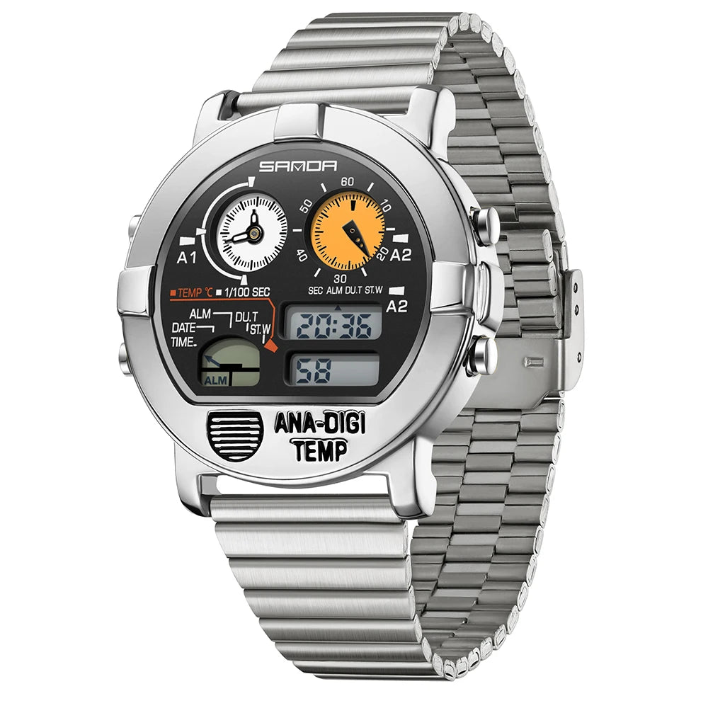 Digital Men’s Watch with Steel Band, Temperature & Stopwatch Functions