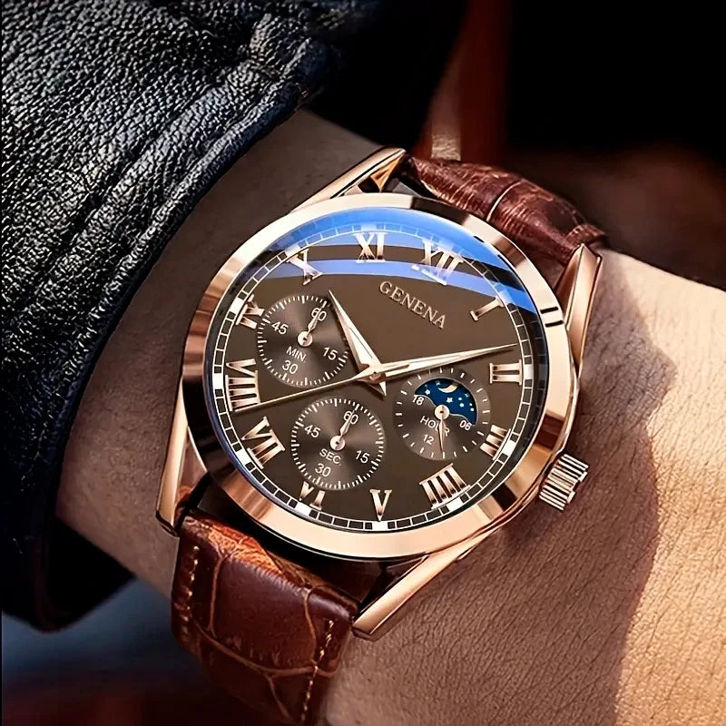 Men's Business and Casual Quartz Watch with Leather Strap and Roman Numeral Dial