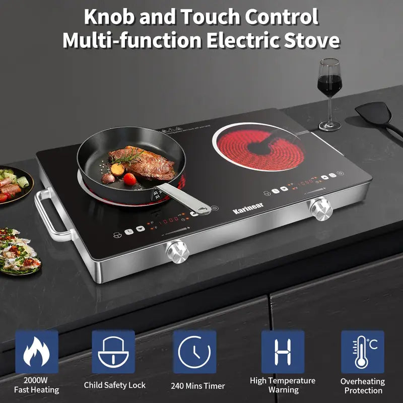 Portable Ceramic Electric Hob 2 Zones 3200W with Safety Lock & Touch Control