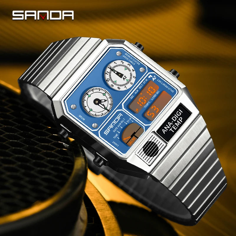 Men's LED Digital Chronograph Square Sports Watch with Thermometer & Stopwatch