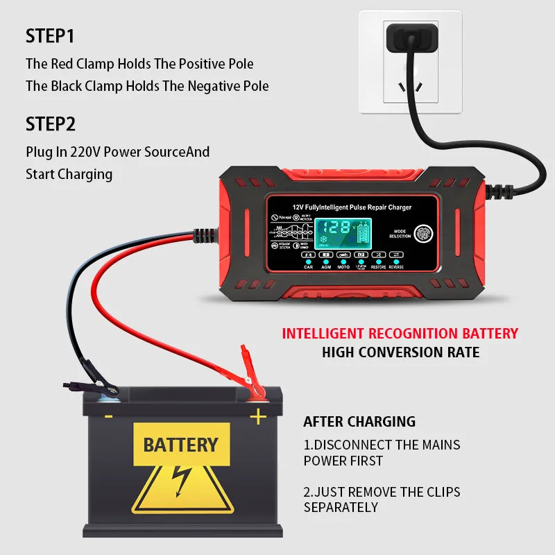12V 6A Lithium Iron Phosphate Battery Charger with LCD Display for Car Motorcycle
