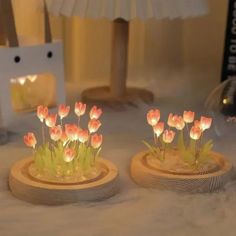 DIY Tulip Night Light with Wooden Base - Handmade LED Bedroom Decor