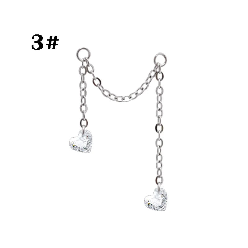 Stainless Steel Chain Ear Stud with Zircon Stars & Hearts - Cartilage Piercing Jewelry