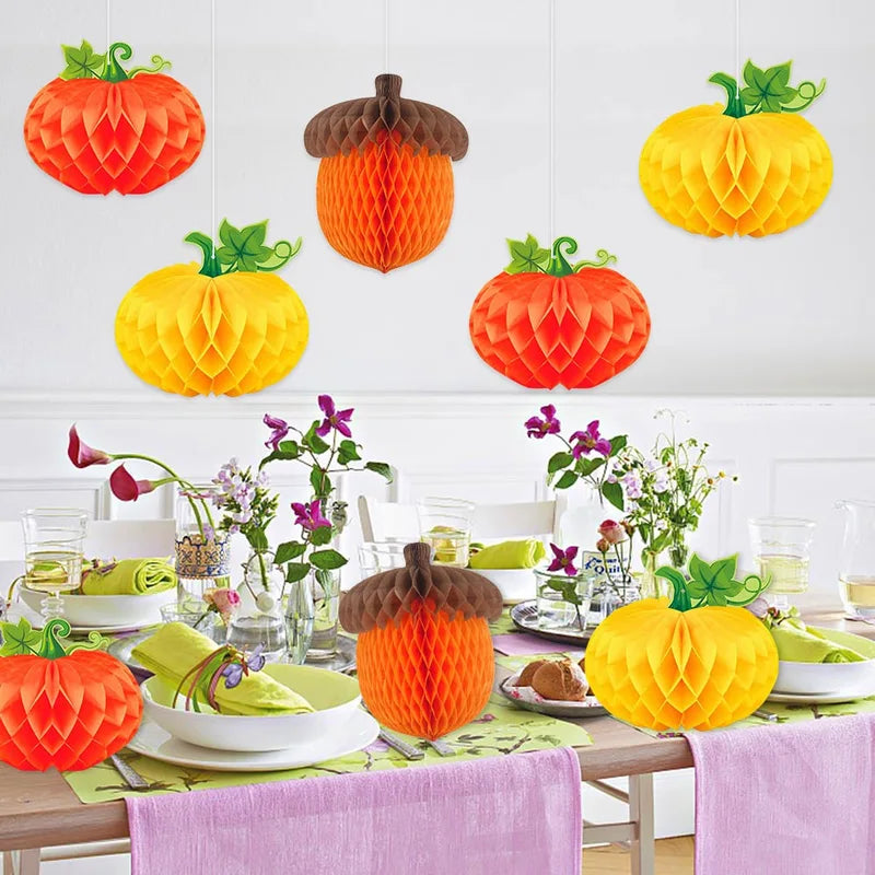 3-Pack Pumpkin Chestnut Honeycomb Decorations for Thanksgiving Halloween Party