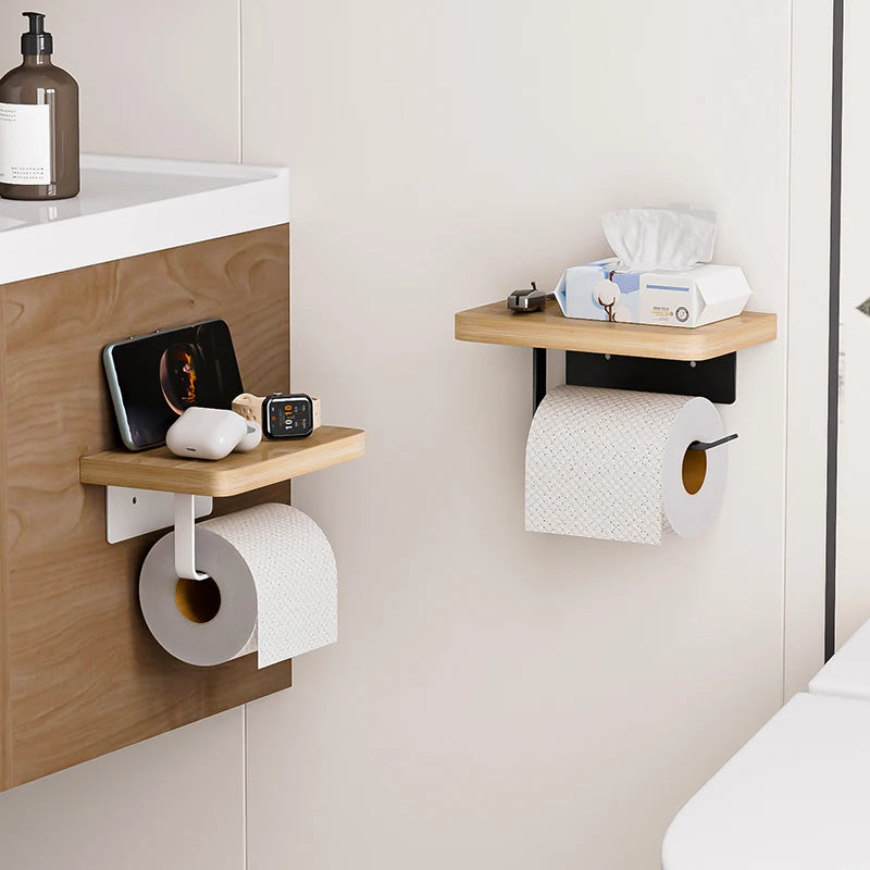 Solid Wood Toilet Paper Holder No Punch for Bathroom Tissue and Paper Roll